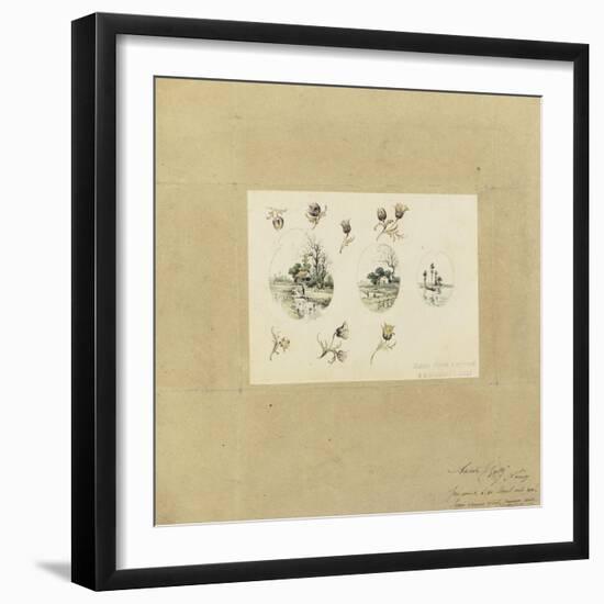 Modèle de décor pour un vase-cornet Louis XV : trois paysages lacustres inscrits dans des-Emile Gallé-Framed Giclee Print