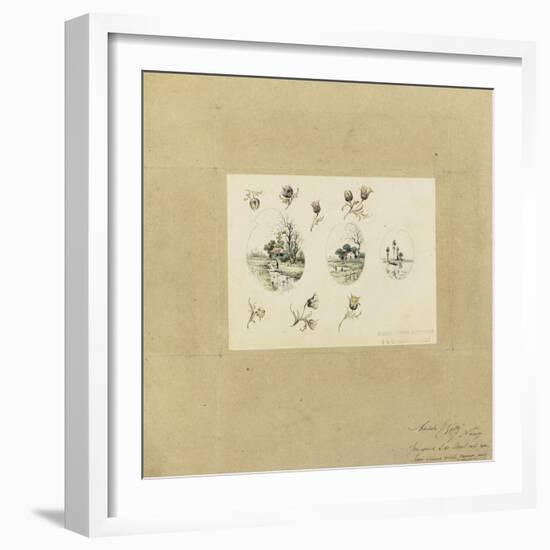 Modèle de décor pour un vase-cornet Louis XV : trois paysages lacustres inscrits dans des-Emile Gallé-Framed Giclee Print