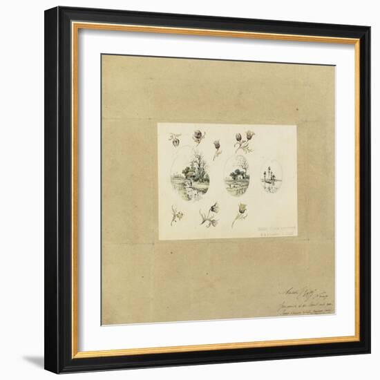 Modèle de décor pour un vase-cornet Louis XV : trois paysages lacustres inscrits dans des-Emile Gallé-Framed Giclee Print