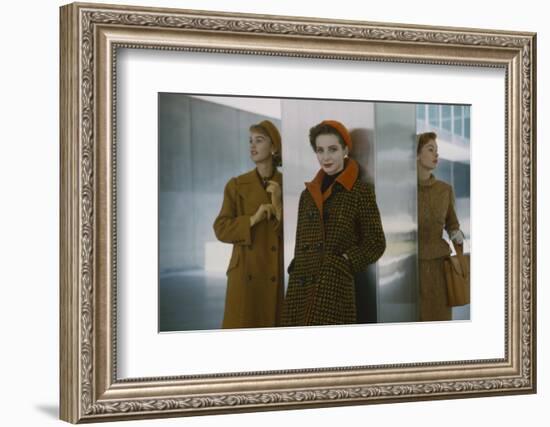 Models in Autumn Coats and Berets as They Pose Beside a Column in Lever House, New York, NY, 1954-Nina Leen-Framed Photographic Print