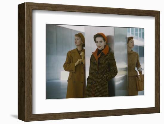 Models in Autumn Coats and Berets as They Pose Beside a Column in Lever House, New York, NY, 1954-Nina Leen-Framed Photographic Print