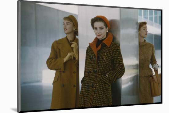 Models in Autumn Coats and Berets as They Pose Beside a Column in Lever House, New York, NY, 1954-Nina Leen-Mounted Photographic Print