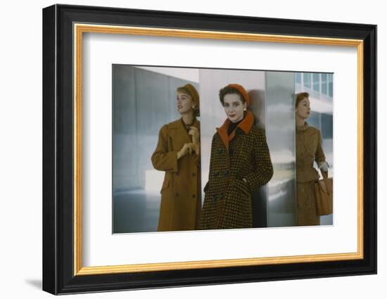 Models in Autumn Coats and Berets as They Pose Beside a Column in Lever House, New York, NY, 1954-Nina Leen-Framed Photographic Print