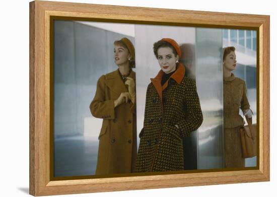 Models in Autumn Coats and Berets as They Pose Beside a Column in Lever House, New York, NY, 1954-Nina Leen-Framed Premier Image Canvas