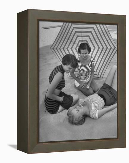 Models on Beach Wearing Latest Beach Fashions-Nina Leen-Framed Premier Image Canvas