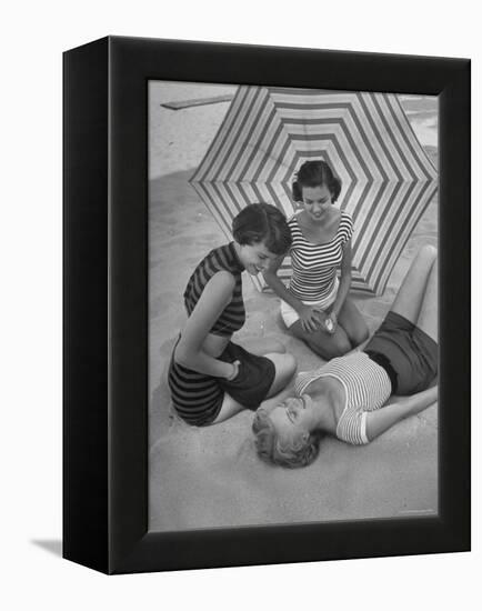 Models on Beach Wearing Latest Beach Fashions-Nina Leen-Framed Premier Image Canvas