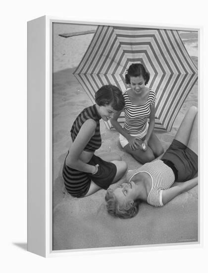 Models on Beach Wearing Latest Beach Fashions-Nina Leen-Framed Premier Image Canvas