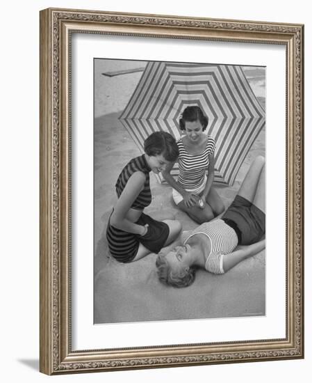 Models on Beach Wearing Latest Beach Fashions-Nina Leen-Framed Photographic Print