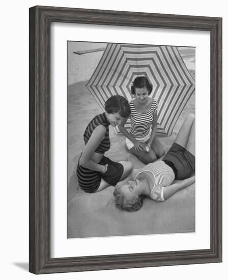 Models on Beach Wearing Latest Beach Fashions-Nina Leen-Framed Photographic Print