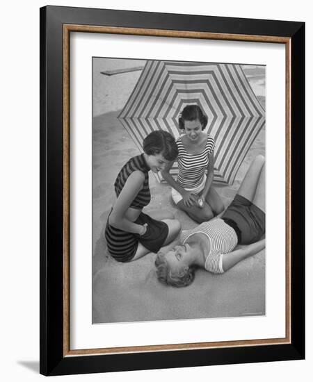 Models on Beach Wearing Latest Beach Fashions-Nina Leen-Framed Photographic Print