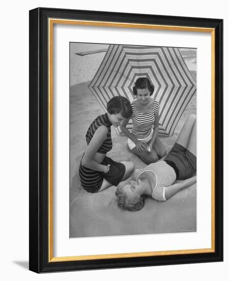 Models on Beach Wearing Latest Beach Fashions-Nina Leen-Framed Photographic Print