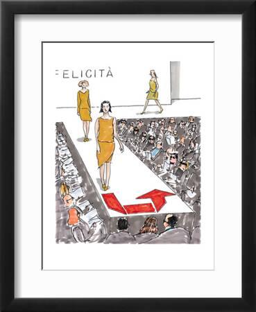 Models on runway in fashion show. Arrow at end of runway tells model to t…  - New Yorker Cartoon' Premium Giclee Print - Michael Crawford
