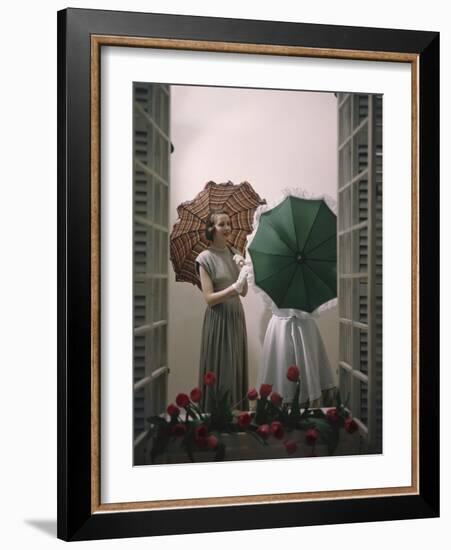 Models Posing with Umbrellas in a Macy's Department Store Display, New York, NY, 1948-Nina Leen-Framed Photographic Print