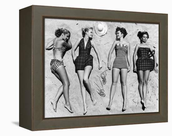 Models Sunbathing, Wearing Latest Beach Fashions-Nina Leen-Framed Premier Image Canvas