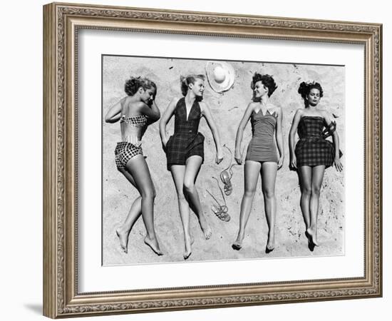 Models Sunbathing, Wearing Latest Beach Fashions-Nina Leen-Framed Premium Photographic Print