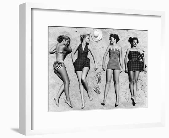 Models Sunbathing, Wearing Latest Beach Fashions-Nina Leen-Framed Premium Photographic Print