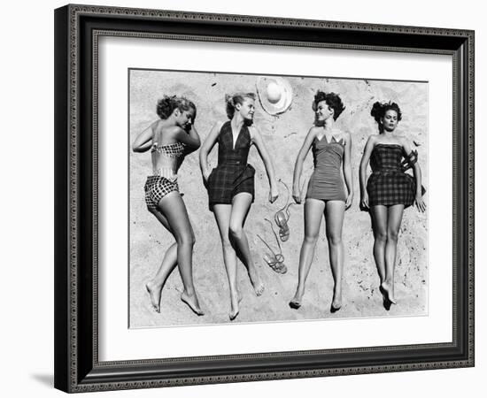 Models Sunbathing, Wearing Latest Beach Fashions-Nina Leen-Framed Premium Photographic Print