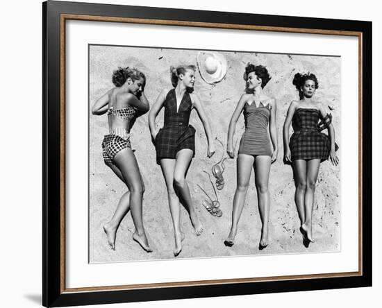 Models Sunbathing, Wearing Latest Beach Fashions-Nina Leen-Framed Photographic Print