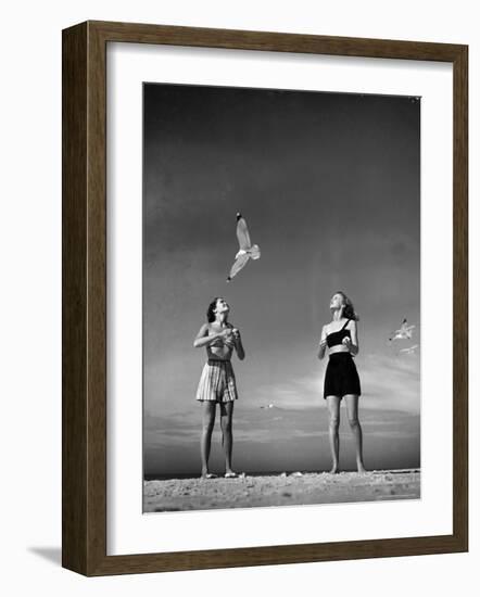 Models Tee Matthews and Bobbie Chambliss Feeding Gulls While Modeling New Bathing Suit Styles-Alfred Eisenstaedt-Framed Photographic Print