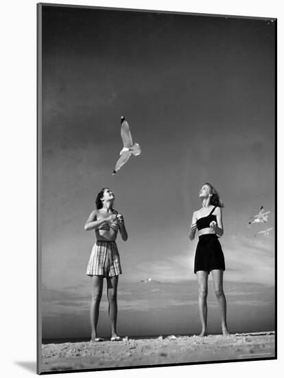 Models Tee Matthews and Bobbie Chambliss Feeding Gulls While Modeling New Bathing Suit Styles-Alfred Eisenstaedt-Mounted Photographic Print