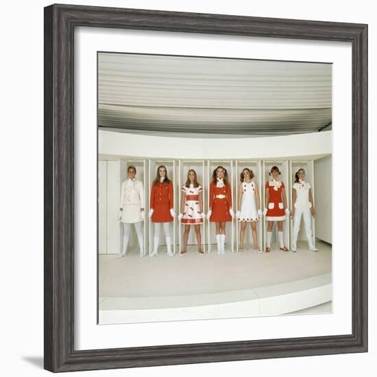 Models Wearing Red and White Ready-To-Wear Fashions Designed by Andre Courreges, 1968-Bill Ray-Framed Photographic Print