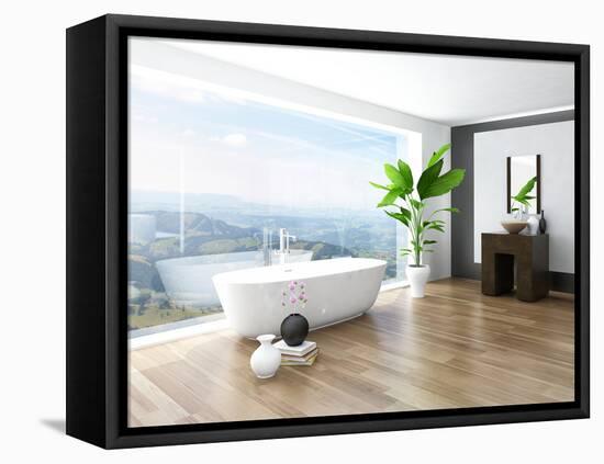 Modern Bathroom Interior with White Bathtub Against Huge Window with Landscape View-PlusONE-Framed Premier Image Canvas