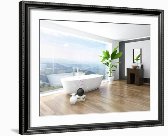 Modern Bathroom Interior with White Bathtub Against Huge Window with Landscape View-PlusONE-Framed Photographic Print