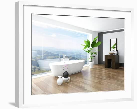 Modern Bathroom Interior with White Bathtub Against Huge Window with Landscape View-PlusONE-Framed Photographic Print