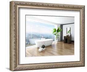 Modern Bathroom Interior with White Bathtub Against Huge Window with Landscape View-PlusONE-Framed Photographic Print