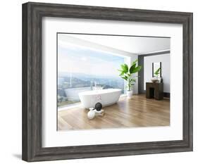 Modern Bathroom Interior with White Bathtub Against Huge Window with Landscape View-PlusONE-Framed Photographic Print
