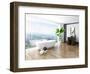 Modern Bathroom Interior with White Bathtub Against Huge Window with Landscape View-PlusONE-Framed Photographic Print