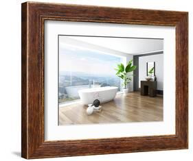 Modern Bathroom Interior with White Bathtub Against Huge Window with Landscape View-PlusONE-Framed Photographic Print