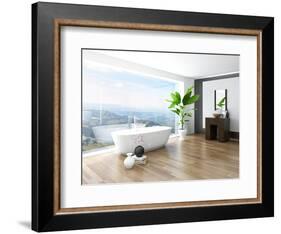 Modern Bathroom Interior with White Bathtub Against Huge Window with Landscape View-PlusONE-Framed Photographic Print