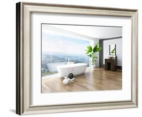 Modern Bathroom Interior with White Bathtub Against Huge Window with Landscape View-PlusONE-Framed Photographic Print