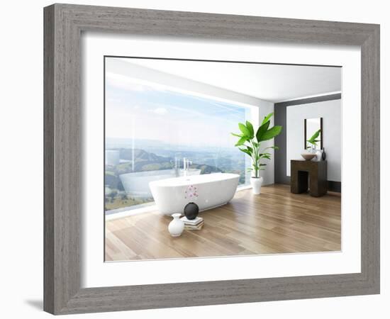 Modern Bathroom Interior with White Bathtub Against Huge Window with Landscape View-PlusONE-Framed Photographic Print