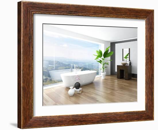 Modern Bathroom Interior with White Bathtub Against Huge Window with Landscape View-PlusONE-Framed Photographic Print