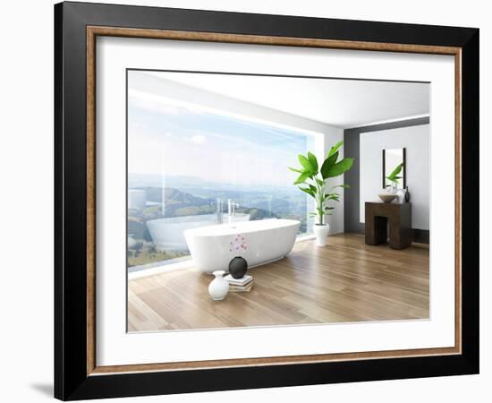 Modern Bathroom Interior with White Bathtub Against Huge Window with Landscape View-PlusONE-Framed Photographic Print