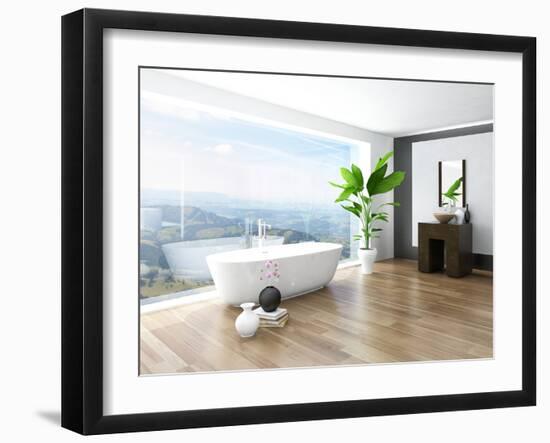 Modern Bathroom Interior with White Bathtub Against Huge Window with Landscape View-PlusONE-Framed Photographic Print