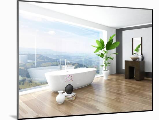 Modern Bathroom Interior with White Bathtub Against Huge Window with Landscape View-PlusONE-Mounted Photographic Print