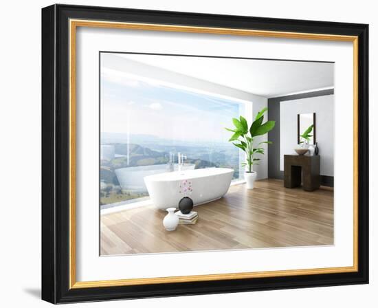 Modern Bathroom Interior with White Bathtub Against Huge Window with Landscape View-PlusONE-Framed Photographic Print