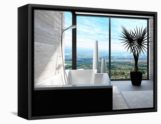 Modern Bathtub in a Bathroom Interior with Floor to Ceiling Windows with Panoramic View-PlusONE-Framed Premier Image Canvas