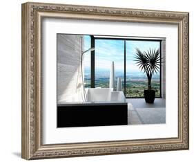 Modern Bathtub in a Bathroom Interior with Floor to Ceiling Windows with Panoramic View-PlusONE-Framed Photographic Print