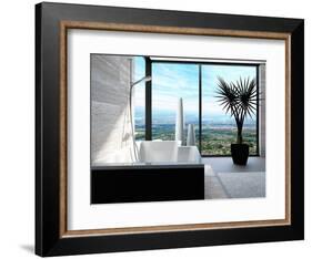 Modern Bathtub in a Bathroom Interior with Floor to Ceiling Windows with Panoramic View-PlusONE-Framed Photographic Print