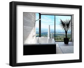 Modern Bathtub in a Bathroom Interior with Floor to Ceiling Windows with Panoramic View-PlusONE-Framed Photographic Print