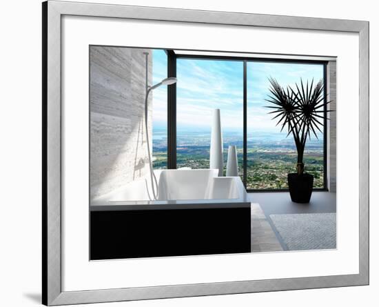 Modern Bathtub in a Bathroom Interior with Floor to Ceiling Windows with Panoramic View-PlusONE-Framed Photographic Print