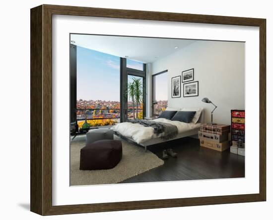 Modern Bedroom Interior with Huge Windows and Vintage Furniture-PlusONE-Framed Photographic Print