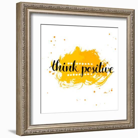 Modern Calligraphy Inspirational Quote - Think Positive - at Yellow Watercolor Background.-kotoko-Framed Art Print
