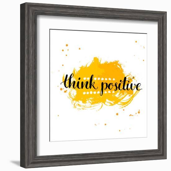 Modern Calligraphy Inspirational Quote - Think Positive - at Yellow Watercolor Background.-kotoko-Framed Art Print