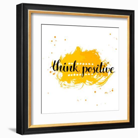 Modern Calligraphy Inspirational Quote - Think Positive - at Yellow Watercolor Background.-kotoko-Framed Art Print