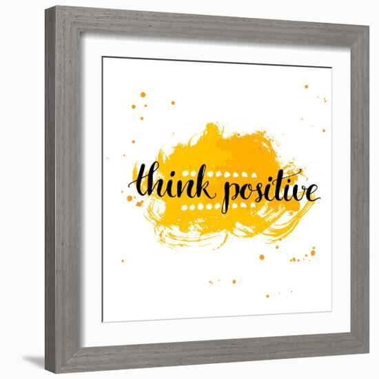 Modern Calligraphy Inspirational Quote - Think Positive - at Yellow Watercolor Background.-kotoko-Framed Premium Giclee Print